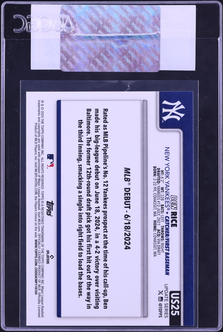 2025 Topps Update Ben Rice ROOKIE #US25 CGC AUTH
