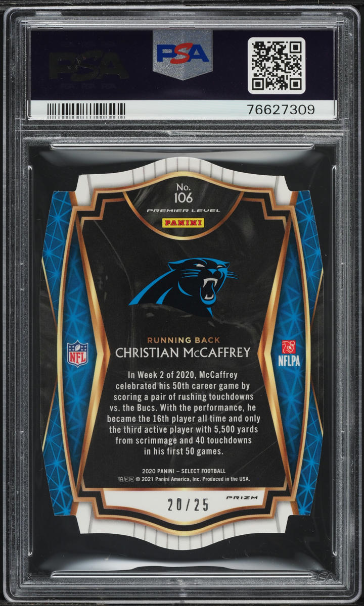 2020 Select Premier Level Tie-Dye Prizm Christian McCaffrey /25 #106 PSA 10 GEM
