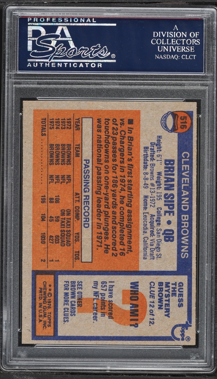 1976 Topps Football Brian Sipe ROOKIE #516 PSA 8 NM-MT