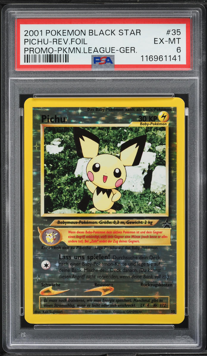 2001 Pokemon German Black Star Promo Pokemon League Rev. Holo Pichu #35 PSA 6