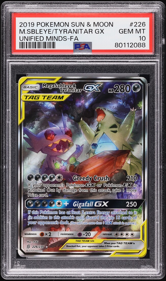 2019 Pokemon SM Unified Minds Full Art Mega Sableye & Tyranitar GX #226 PSA 10