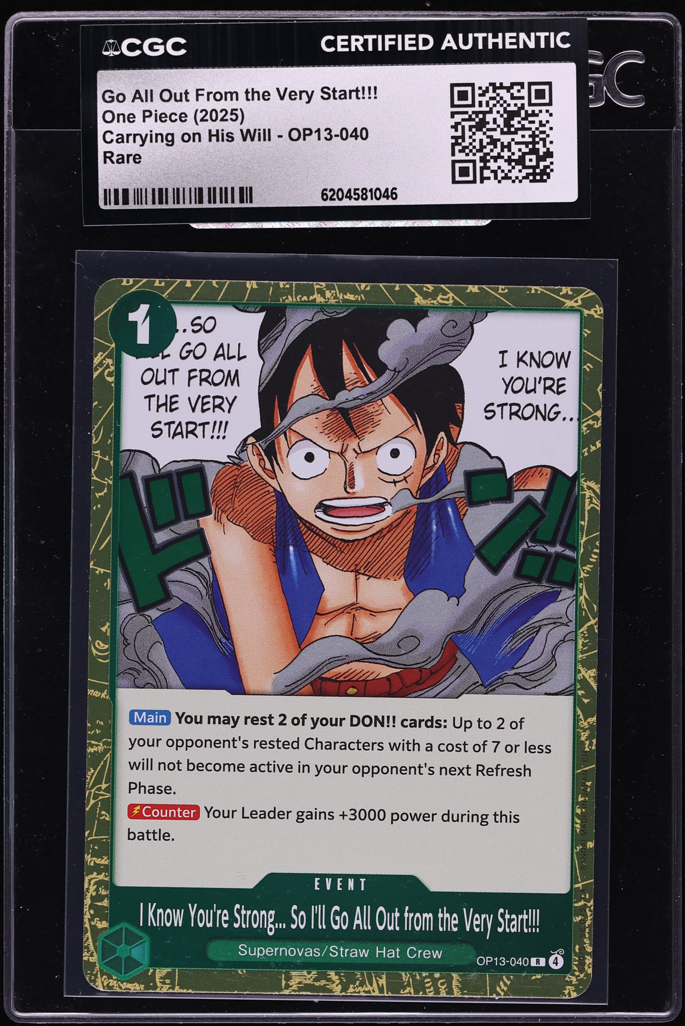 2025 One Piece Carrying On His Will Go All Out From The Very Start!!! #OP13-040 CGC AUTH