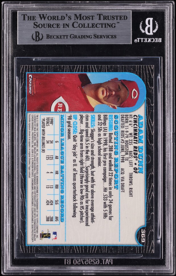 1999 Bowman Chrome Adam Dunn ROOKIE #369 BGS 9 MINT