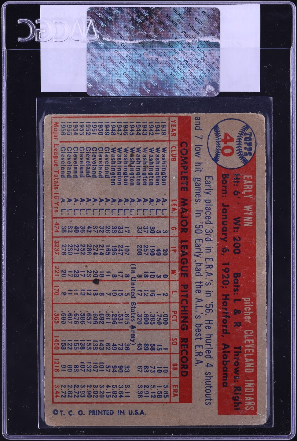 1957 Topps Early Wynn #40 CGC AUTH