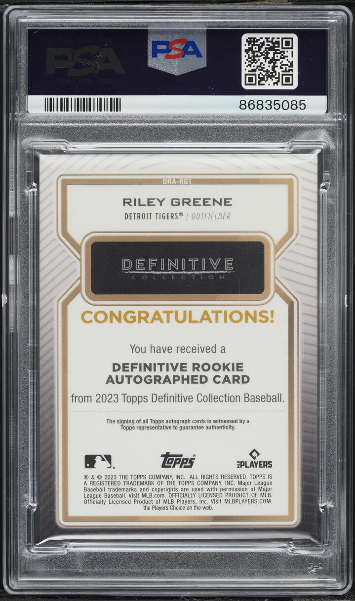 2023 Topps Definitive Collection Purple Riley Greene ROOKIE AUTO /10 #DRA-RG1 PSA 10 GEM MINT