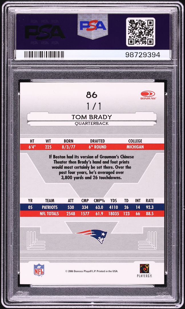 2006 Leaf Certified Materials Mirror Black Tom Brady 1/1 #86 PSA 8 NM-MT