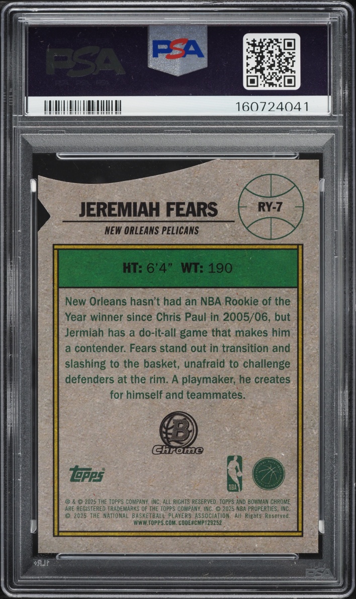 2025 Bowman Chrome ROY Favorites Gold Geometric Jeremiah Fears ROOKIE /50 #RY-7 PSA 9 MINT