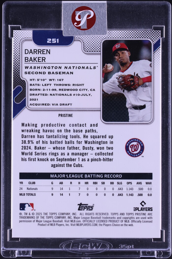 2025 Topps Pristine Aqua Refractor Darren Baker ROOKIE /199 #251
