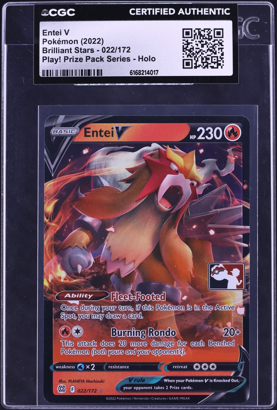 2022 Pokemon Sword & Shield Brilliant Stars Play! Prize Pack Series Holo Entei V #022 CGC AUTH