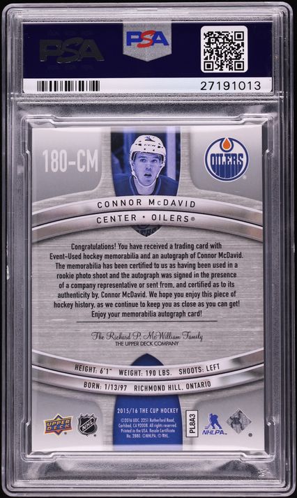 2015 Upper Deck The Cup '05 Tribute Connor McDavid ROOKIE PATCH AUTO /10 #180CM PSA 10 GEM MINT