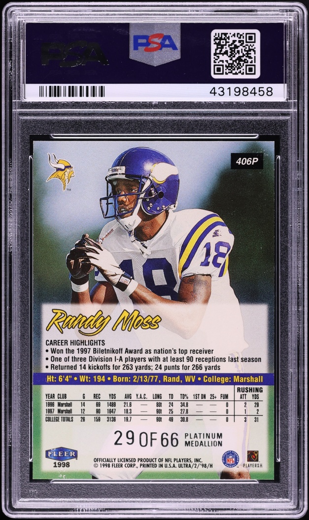 1998 Ultra Platinum Medallion Randy Moss ROOKIE /66 #406P PSA 8 NM-MT