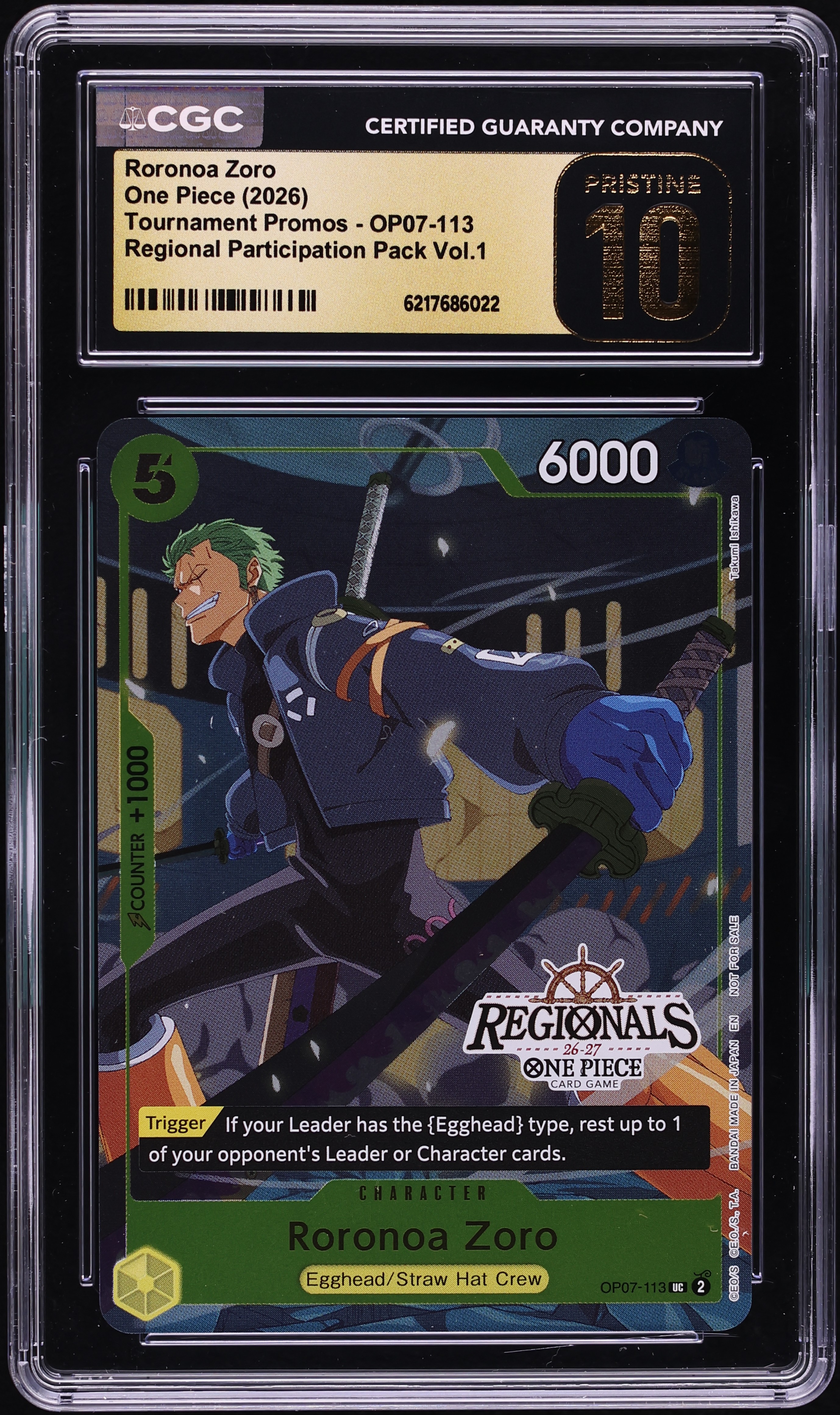 2026 One Piece Tournament Promo Regional Participation Vol. 1 Alt Art Roronoa Zoro #OP07 CGC 10