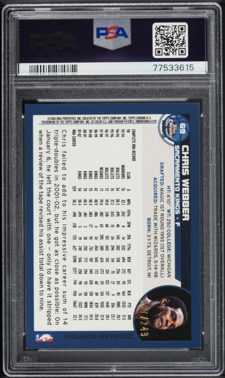 2002 Topps Chrome White Refractor Chris Webber /249 #69 PSA 8 NM-MT