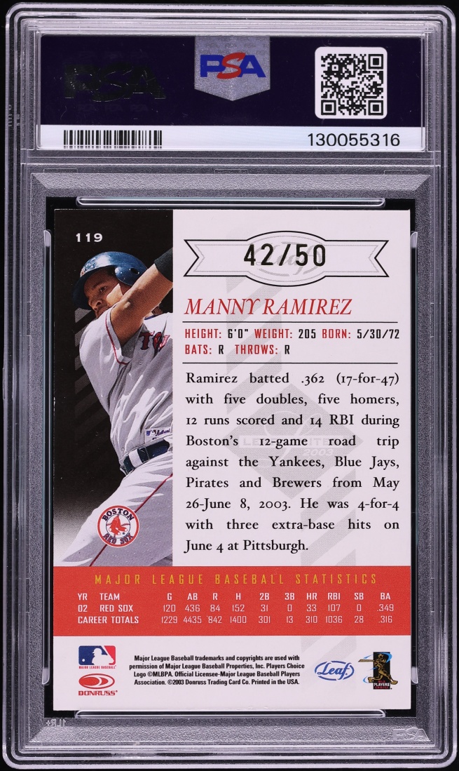 2003 Leaf Limited Gold Spotlight Manny Ramirez /50 #119 PSA 9 MINT - Photo 2