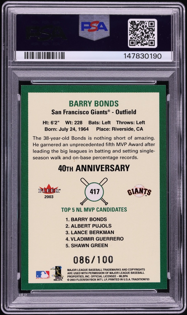 2003 Fleer Tradition Glossy Barry Bonds /100 #417 PSA 8 NM-MT - Photo 2