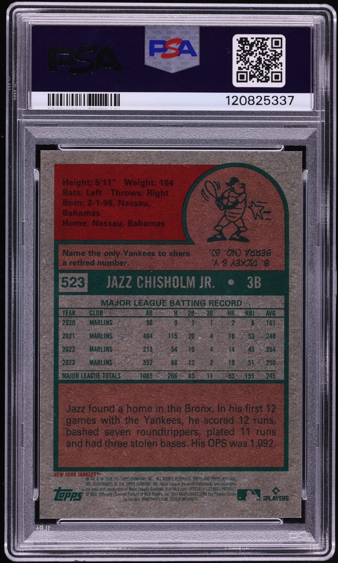 2024 Topps Heritage Chrome-Gold Border Jazz Chisholm Jr. /5 #523 PSA 9 MINT - Photo 2