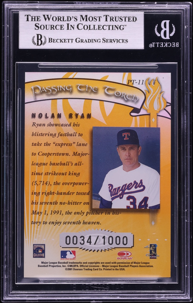 2001 Donruss Elite Passing The Torch Nolan Ryan JERSEY # 34/1000 #PT-11 BGS 8 NM-MT - Photo 2