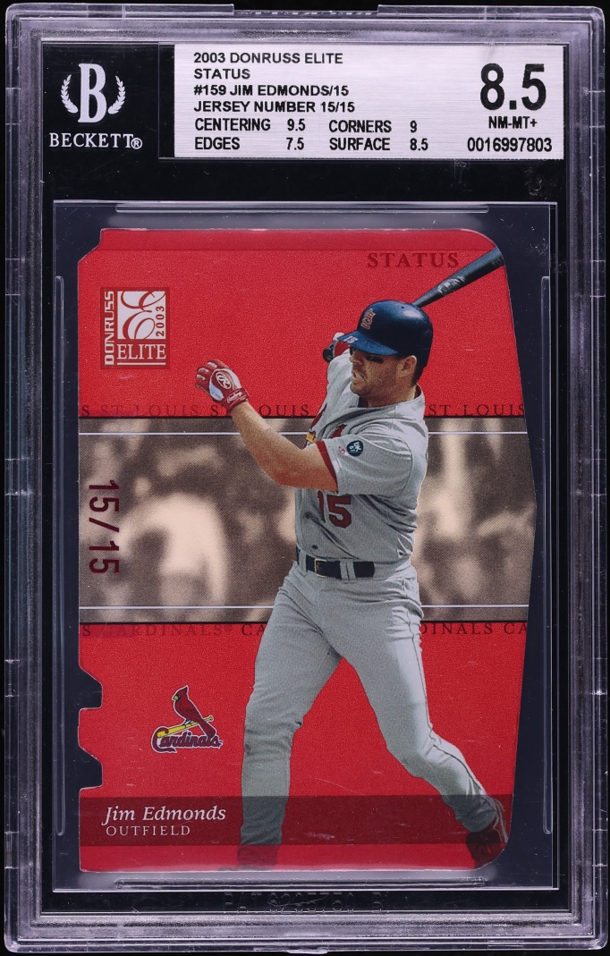 2003 Donruss Elite Status Die-Cut Jim Edmonds JERSEY # 15/15 #159 BGS 8.5 NM-MT+