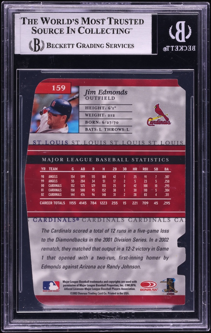 2003 Donruss Elite Status Die-Cut Jim Edmonds JERSEY # 15/15 #159 BGS 8.5 NM-MT+ - Photo 2
