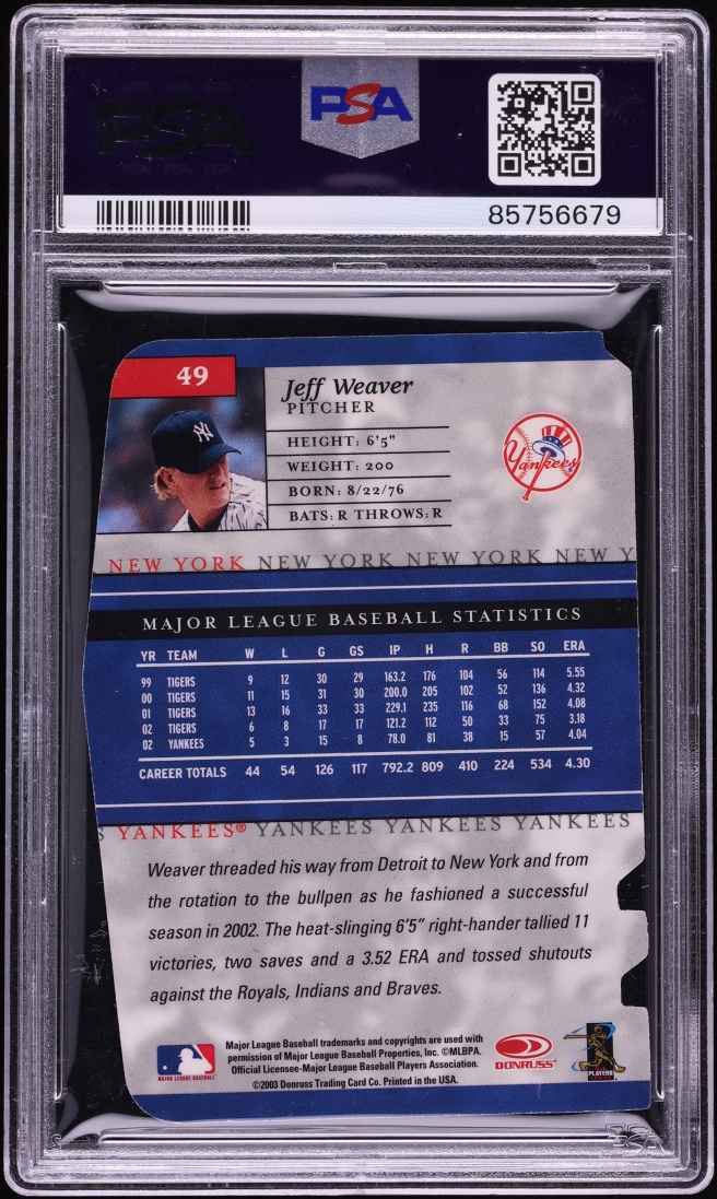 2003 Donruss Elite Aspirations Gold Die-Cut Jeff Weaver 1/1 #49 PSA 7 NRMT - Photo 2