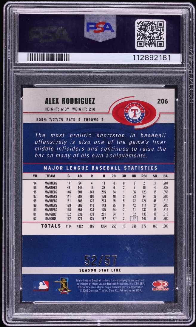 2003 Donruss Season Stat Line Alex Rodriguez /57 #206 PSA 6 EXMT - Photo 2