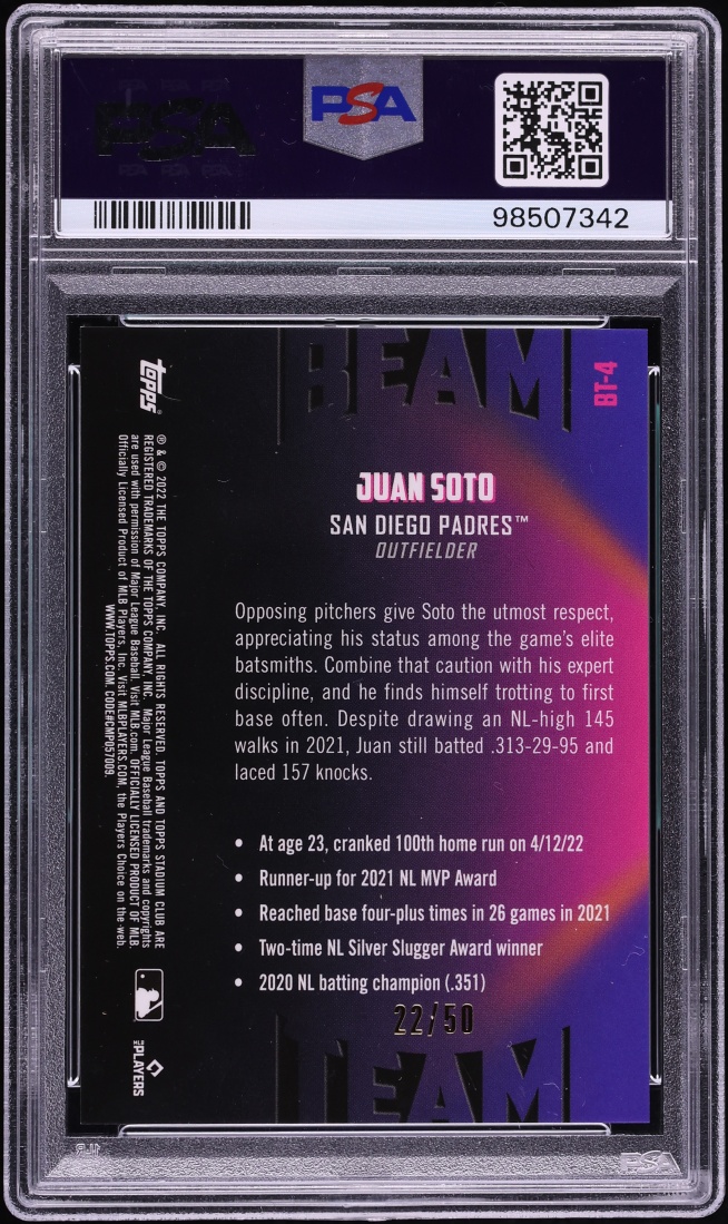 2022 Stadium Club Chrome Beam Team Gold Refractor Juan Soto JERSEY # 22/50 #BT-4 PSA 9 MINT - Photo 2