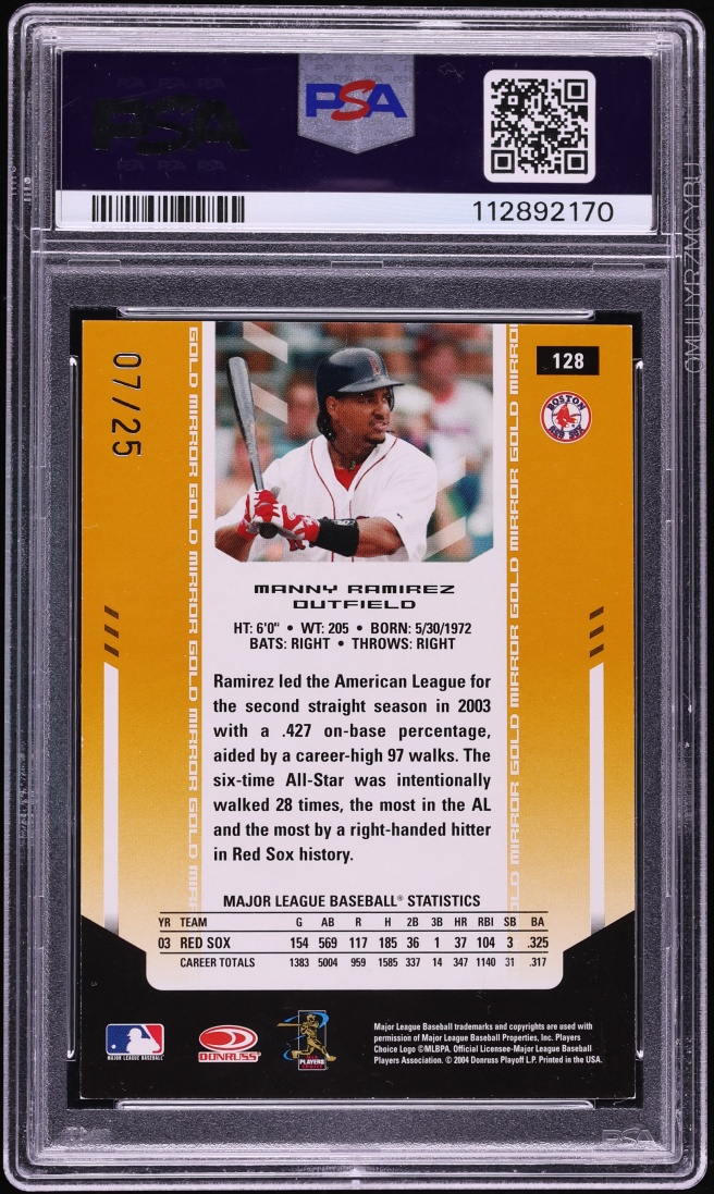 2004 Leaf Certified Materials Mirror Gold Manny Ramirez /25 #128 PSA 7 NRMT - Photo 2