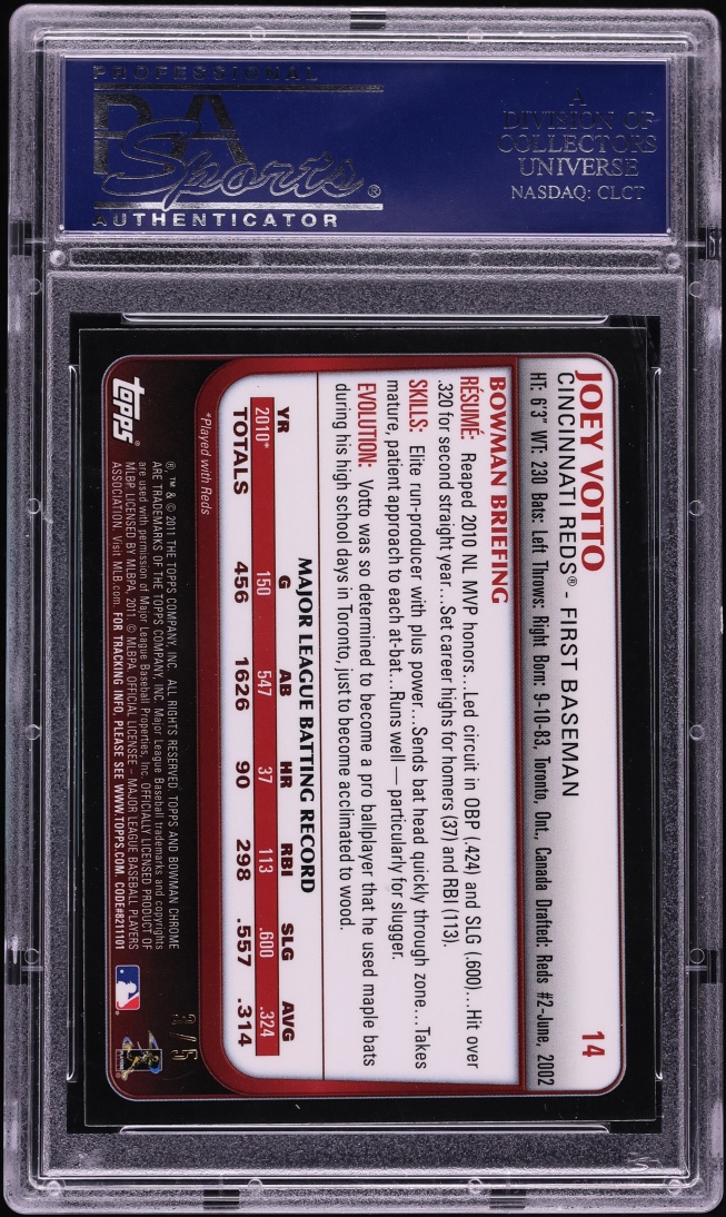 2011 Bowman Chrome Red Refractor Joey Votto /5 #14 PSA 9 MINT - Photo 2