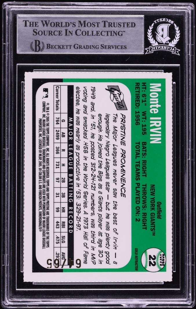 2005 Topps Pristine Legends Gold Refractor Die-Cut Monte Irvin AUTO /65 #22 BAS BGS AUTH - Photo 2