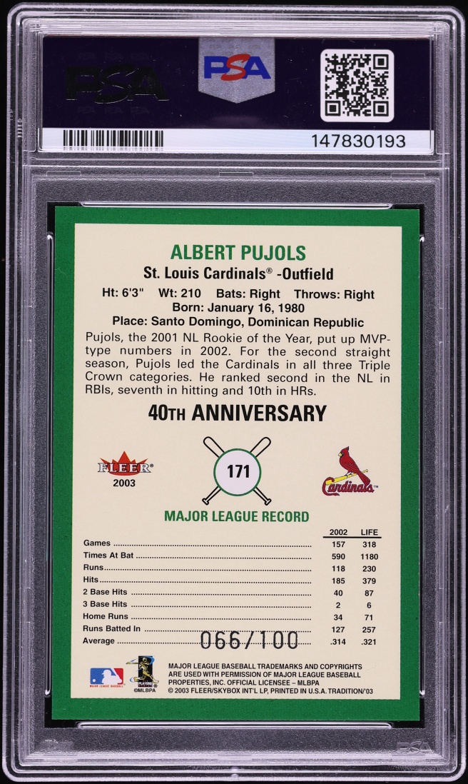 2003 Fleer Tradition Glossy Albert Pujols /100 #171 PSA 7 NRMT - Photo 2