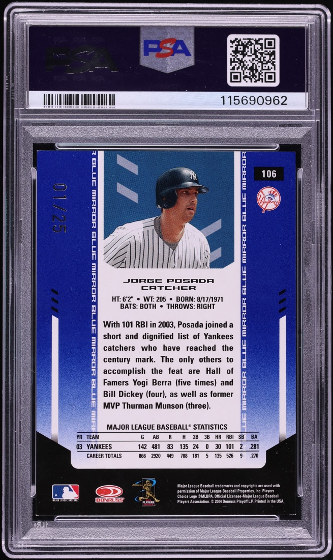 2004 Leaf Certified Mirror Blue Jorge Posada AUTO DNA 10 1/25 #106 PSA 7 NRMT - Photo 2