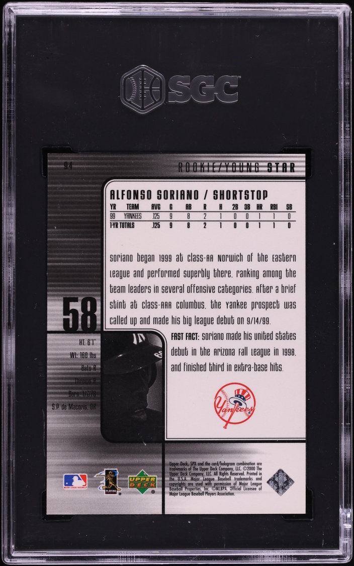 2000 SPx Radiance Alfonso Soriano ROOKIE /100 #94 SGC 7 NRMT - Photo 2
