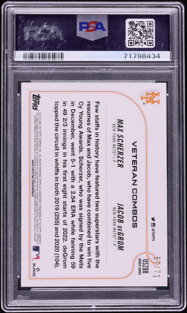 2022 Topps Update Black Jacob DeGrom Max Scherzer /71 #US288 PSA 10 GEM MINT - Photo 2