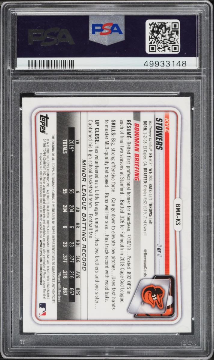 2020 Bowman Chrome Mega Box Blue Refractor Kyle Stowers PROSPECT AUTO /150 #BMA-KS PSA 9 MINT