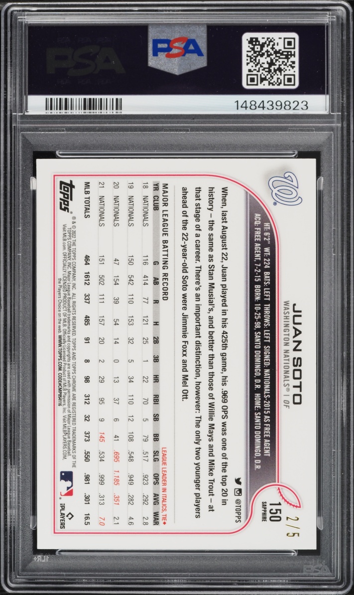 2022 Topps Chrome Sapphire Edition Red Juan Soto /5 #150 PSA 9 MINT