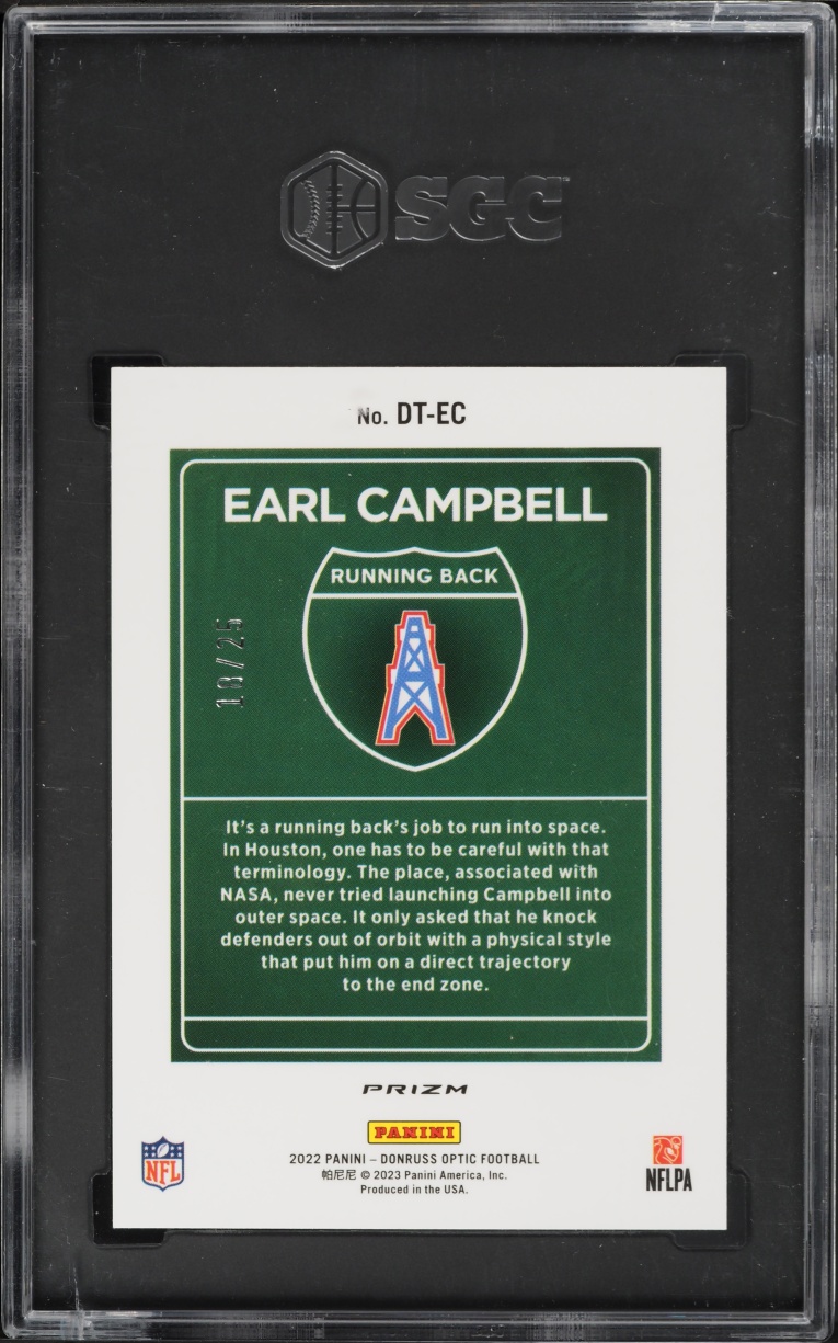 2022 Donruss Optic Downtown Black Pandora Prizm Earl Campbell /25 #DT-EC SGC 10 GEM MINT