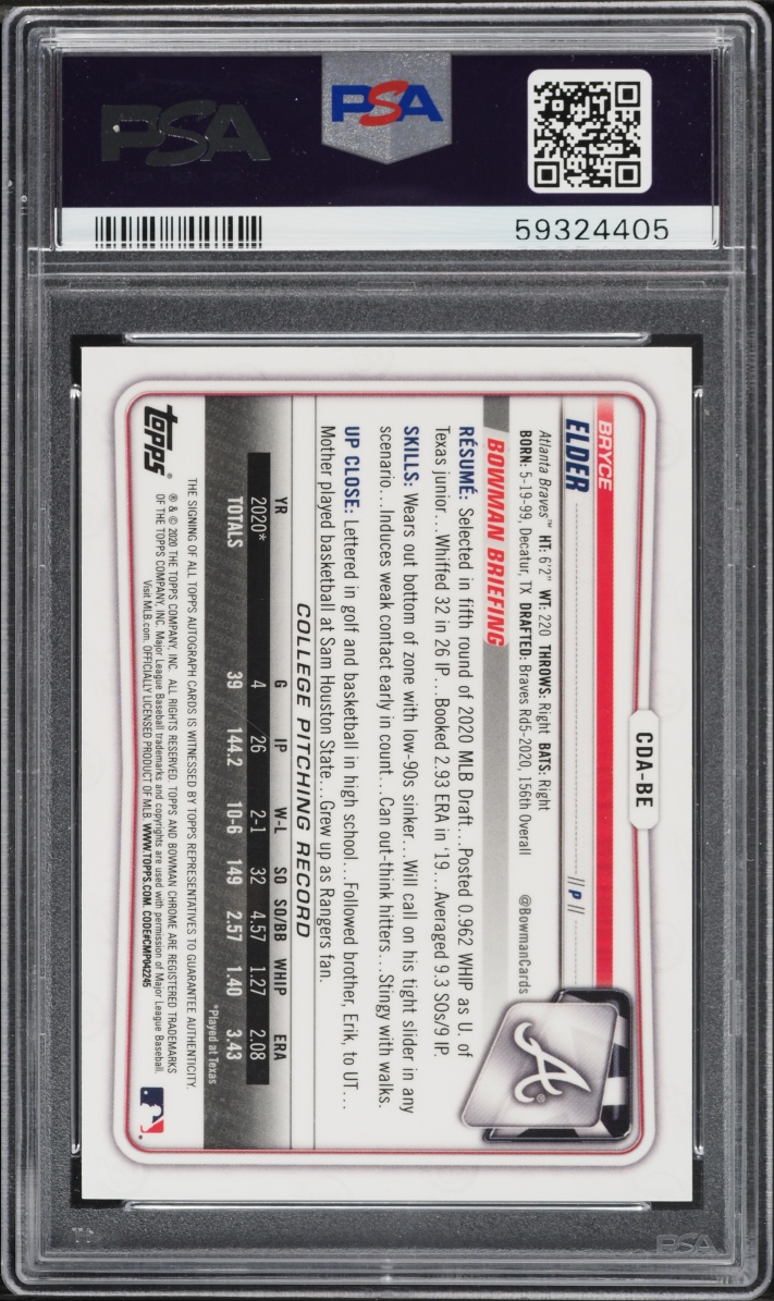 2020 Bowman Chrome Draft Picks Purple Refractor Bryce Elder PROSPECT AUTO /250 PSA 9 MINT