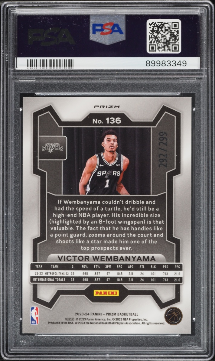2023 Panini Prizm Red Seismic Victor Wembanyama ROOKIE /299 #136 PSA 10 GEM MINT