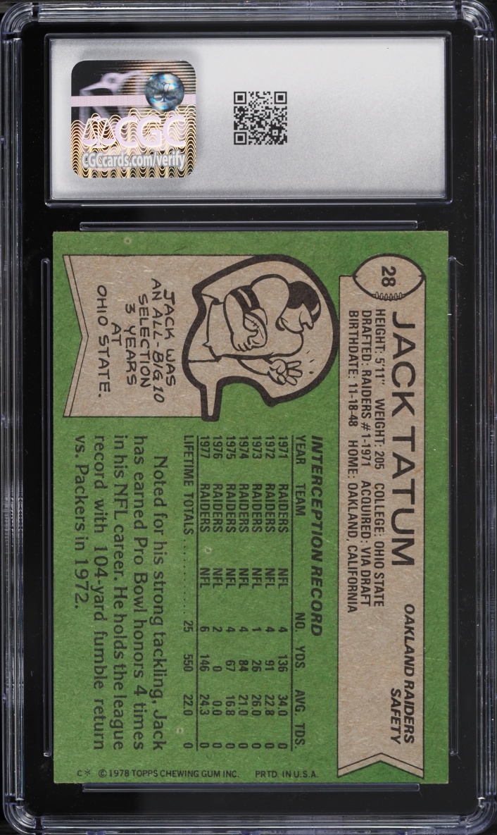 1978 Topps Football Jack Tatum #28 CGC 8 NM-MT