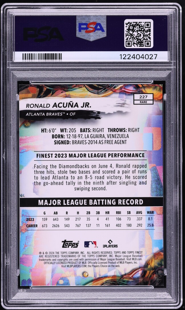 2024 Finest Blue Refractor Ronald Acuna Jr. /99 #227 PSA 10 GEM MINT