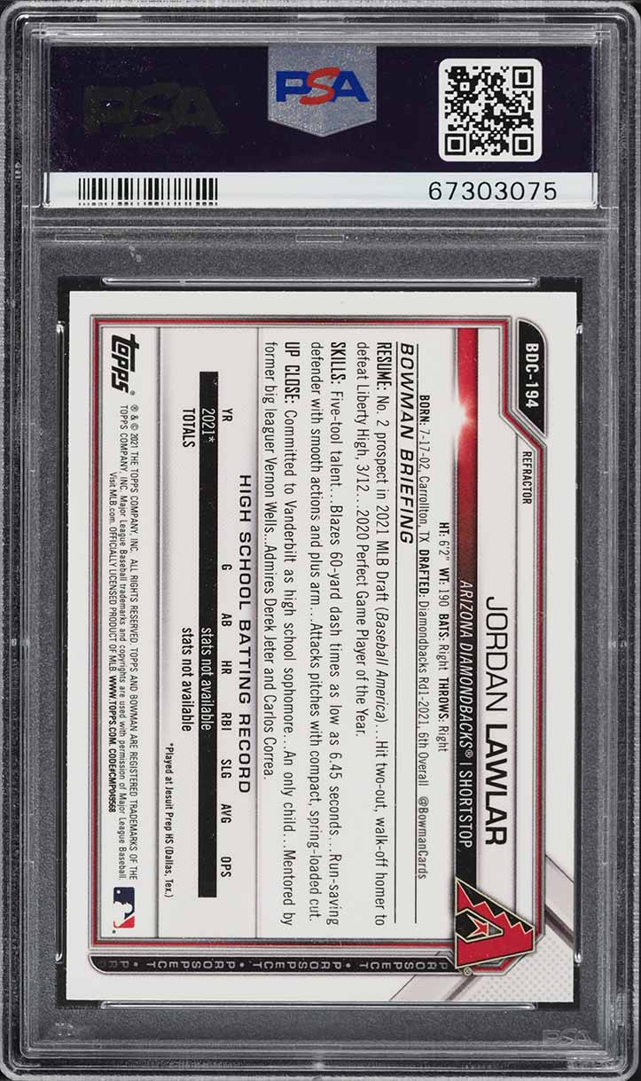 2021 Bowman Chrome Draft Refractor Jordan Lawlar ROOKIE #BDC-194 PSA 10 GEM MINT