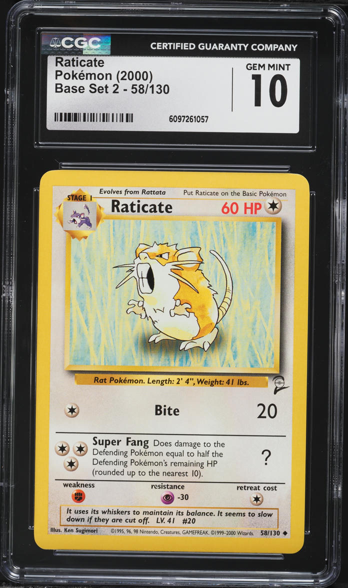 2000 Pokemon Base Set 2 Raticate #58 CGC 10 GEM MINT