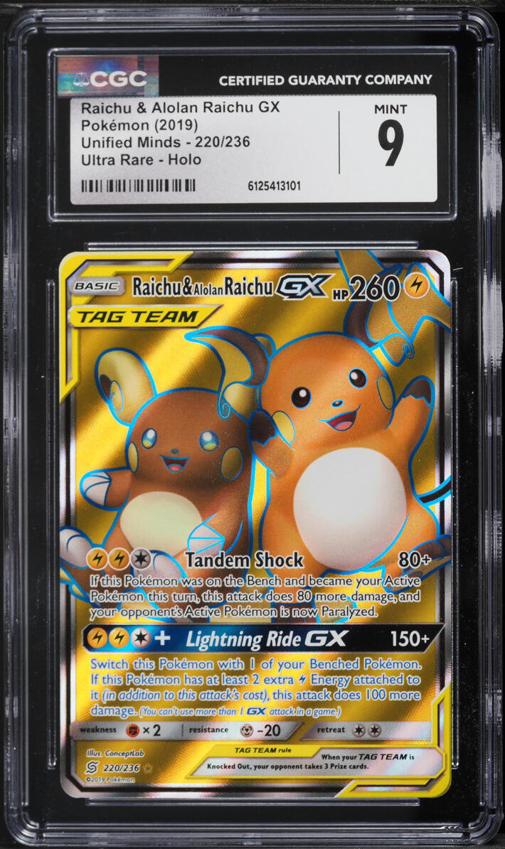 2019 Pokemon Sun & Moon Unified Minds Full Art Raichu & Alolan Raichu GX #220 CGC 9 MINT