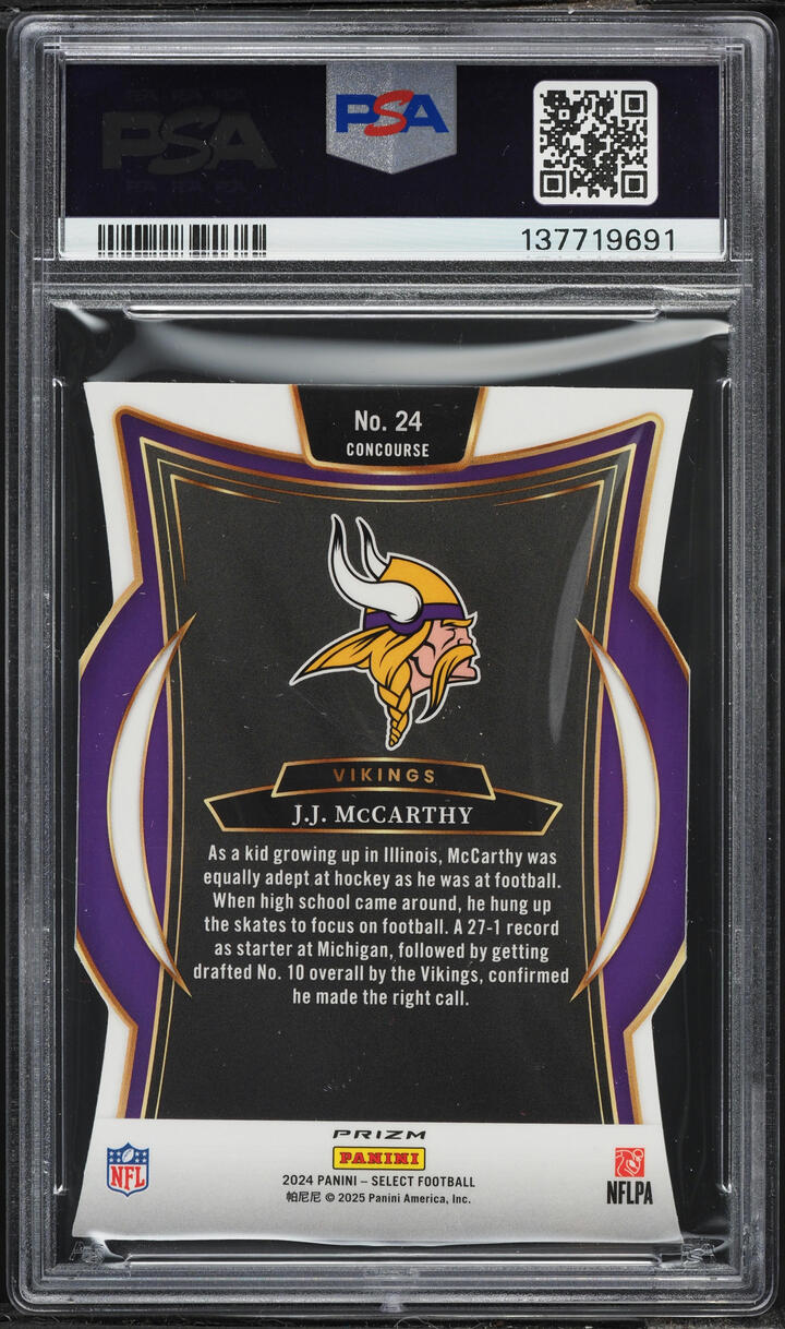 2024 Select Concourse Silver Prizm Die-Cut J.J. McCarthy ROOKIE #24 PSA 8 NM-MT