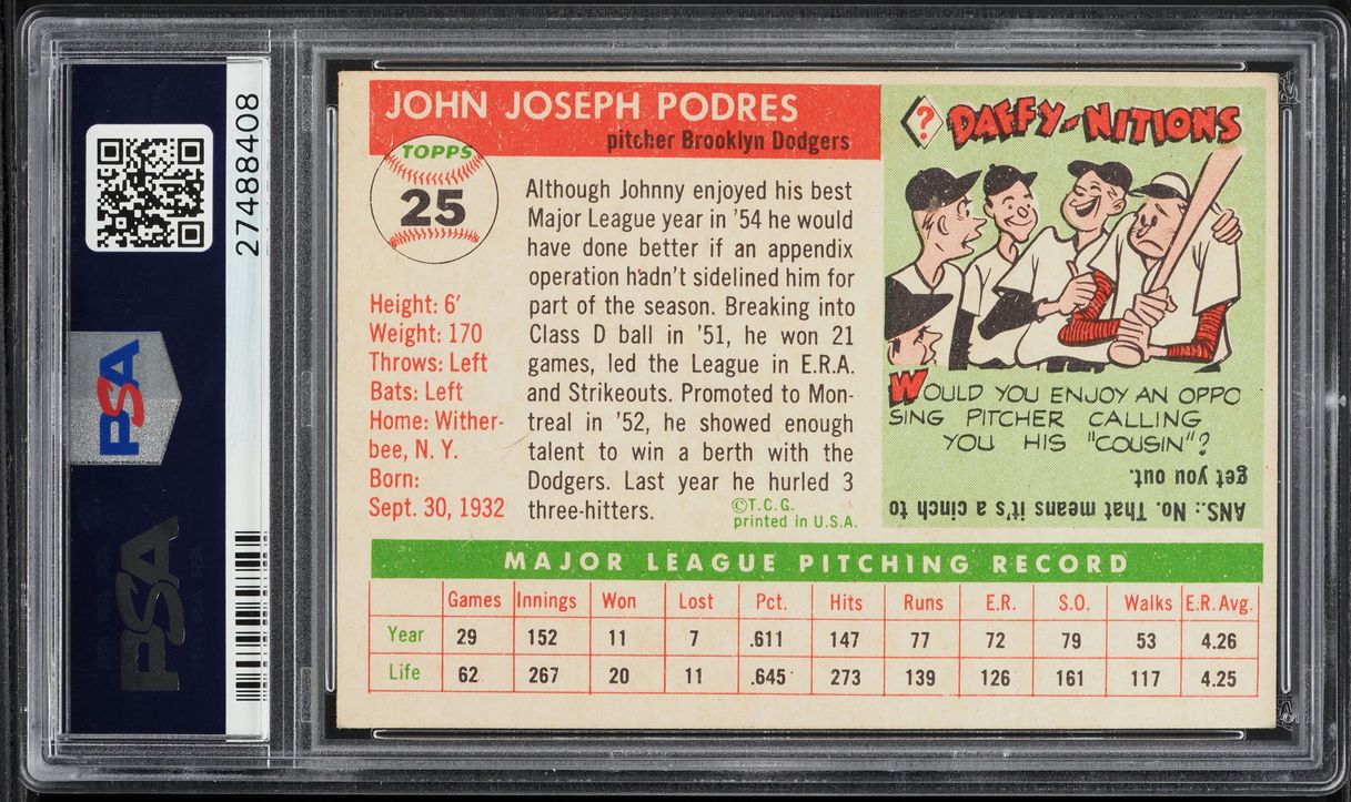 1955 Topps Johnny Podres #25 PSA 6 EXMT
