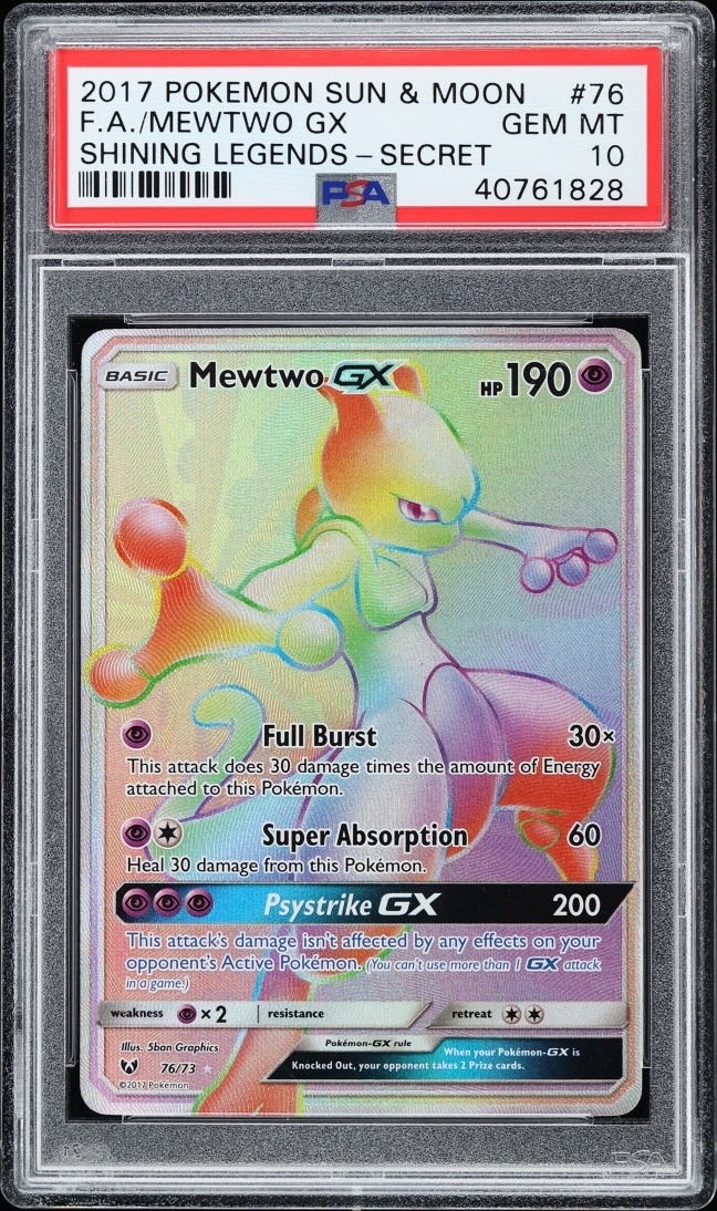 2017 Pokemon Sun & Moon Shining Legends Rainbow Rare Mewtwo GX #76 PSA 10 GEM MINT