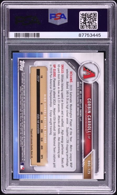 2019 Bowman Chrome Draft Corbin Carroll PROSPECT #BDC-125 PSA 10 GEM MINT