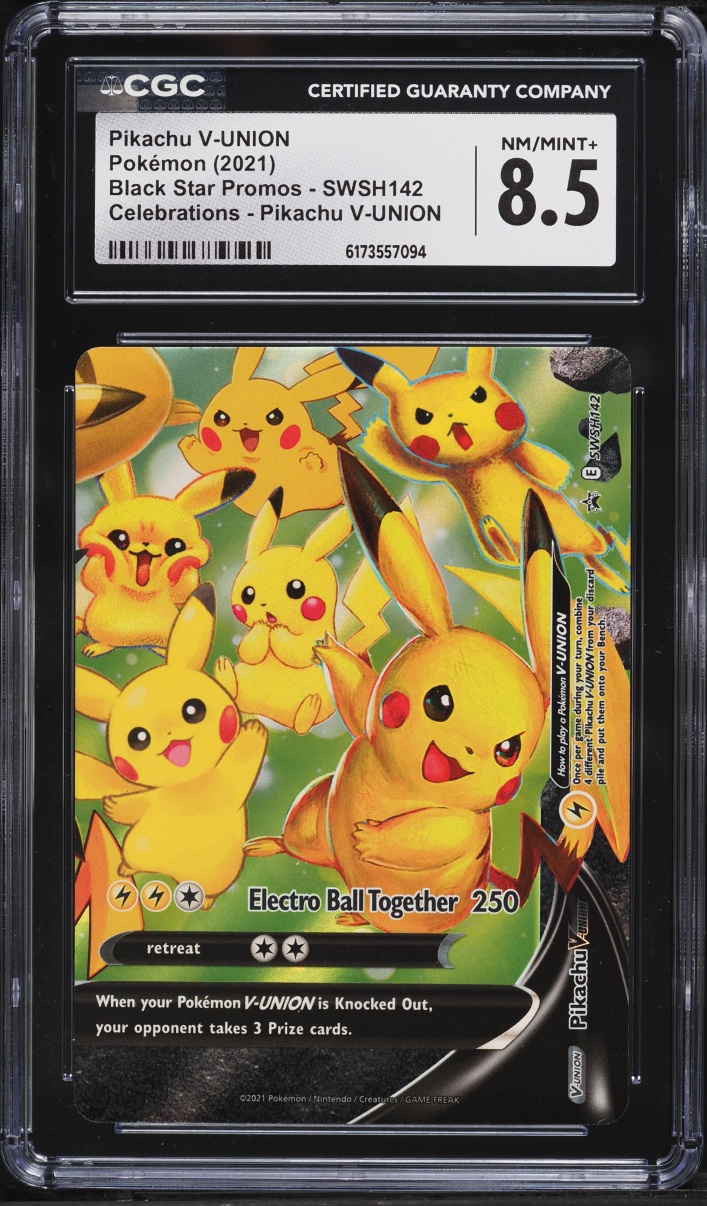 2021 Pokemon Sword & Shield Promo Celebrations Holo Pikachu V-UNION #SWSH142 CGC 8.5 NM-MT+