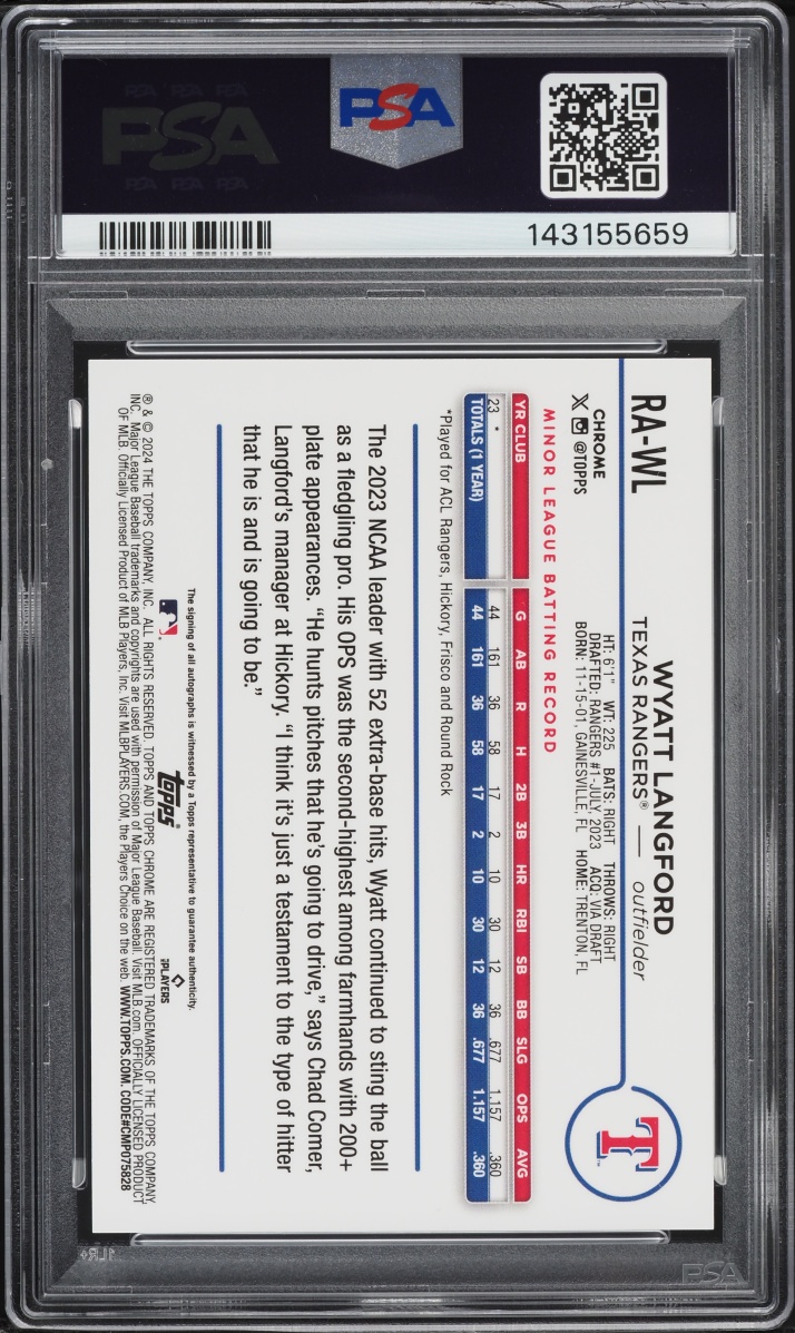2024 Topps Chrome Aqua Wave Wyatt Langford ROOKIE AUTO /199 #RAWL PSA 9 MINT