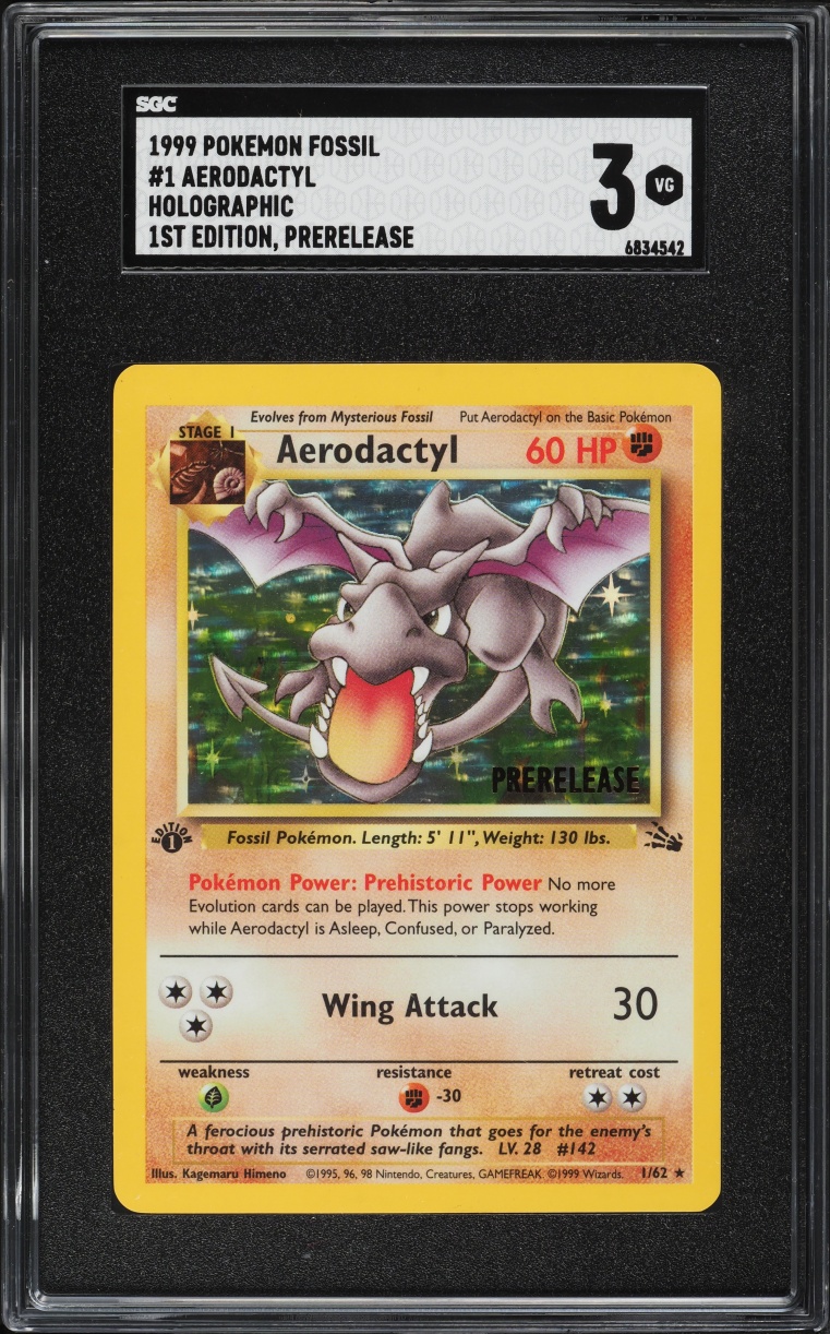 1999 Pokemon Fossil 1st Edition Prerelease Holo Aerodactyl #1 SGC 3 VG
